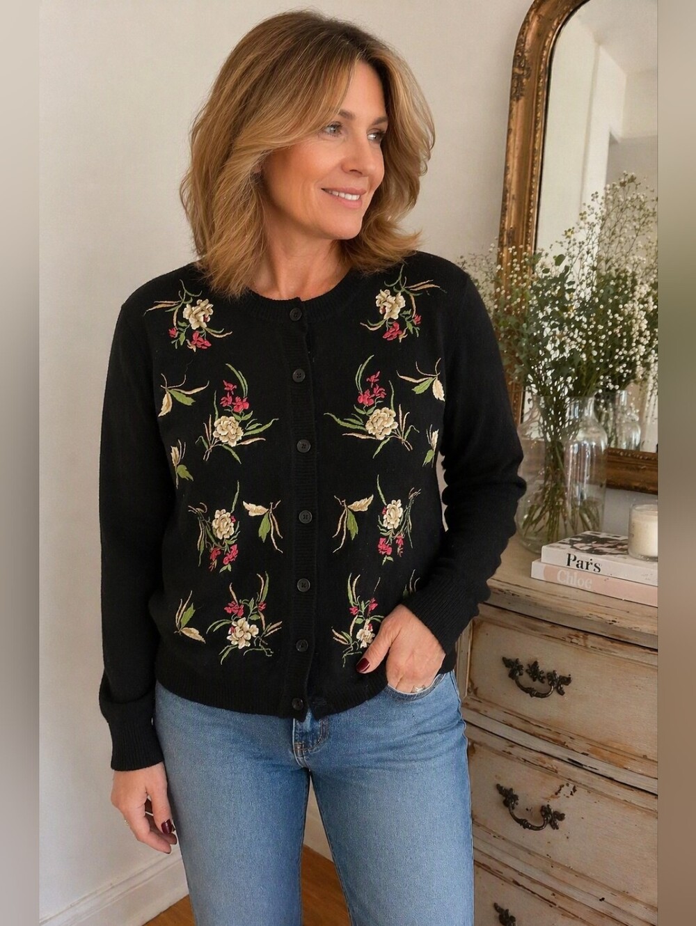 Alfred Dunner Petite Black Floral Embroidered Cardigan Sweater PM